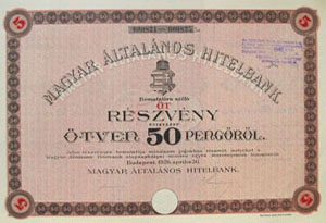 Magyar Általános Hitelbank részvény 5x50 pengő 1926