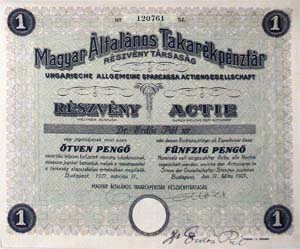 Magyar Általános Takarékpénztár Részvénytársaság részvény 50 pengő 1927