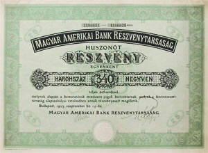 Magyar-Amerikai Bank Részvénytársaság részvény 25x340 korona 1923