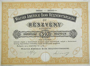 Magyar-Amerikai Bank Részvénytársaság részvény 5x340 korona 1923