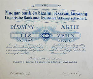 Magyar Bank és Bizalmi Részvénytársaság részvény 10 pengő 1926