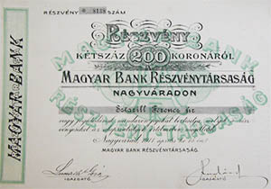 Magyar Bank Részvénytársaság Nagyvárad részvény 200 korona 1911