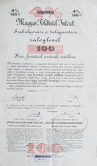 Magyar Földhitel Intézet szabályozási és talajjavítási záloglevél 100 forint 1890