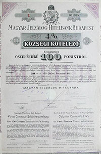 Magyar Jelzálog-Hitelbank községi kötelező 100 forint 1896
