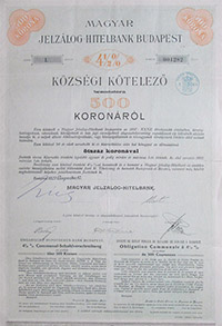 Magyar Jelzálog-Hitelbank községi kötelező 500 korona 1909