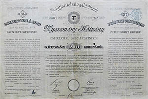 Magyar Jelzálog-Hitelbank nyeremény kötvény 200 korona 1894
