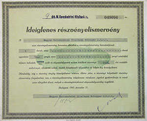 Magyar Kereskedelmi Hitelbank - Schopper J. G.  Részvénytársaság ideiglenes részvényelismervény 50 pengő 1945