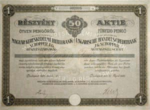 Magyar Kereskedelmi Hitelbank - Schopper J. G.  Részvénytársaság részvény 50 pengő 1926