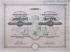 Magyar Királyi Szabadalmazott Osztálysorsjáték  Részvénytársaság részvény 500 korona 1897