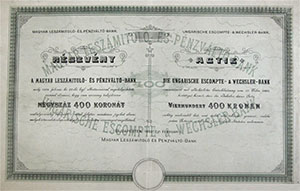 Magyar Leszámítoló- és Pénzváltóbank részvény 400 korona 1892