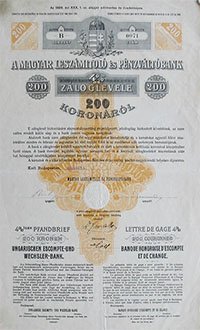 Magyar Leszámítoló- és Pénzváltóbank záloglevél 200 korona 1905