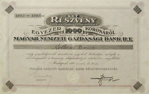 Magyar Nemzeti Gazdasági Bank Részvénytársaság részvény 1000 korona 1920