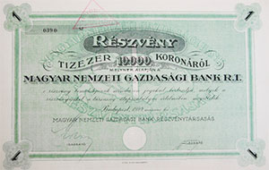 Magyar Nemzeti Gazdasági Bank Részvénytársaság részvény 10000 korona 1924