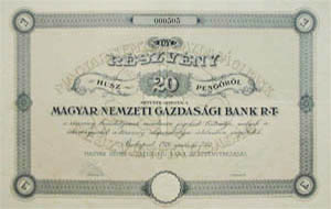 Magyar Nemzeti Gazdasági Bank Részvénytársaság részvény 20 pengő 1926