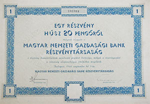 Magyar Nemzeti Gazdasági Bank Részvénytársaság részvény 20 pengő 1944