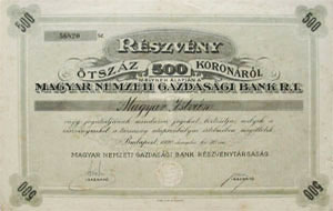 Magyar Nemzeti Gazdasági Bank Részvénytársaság részvény 500 korona 1920