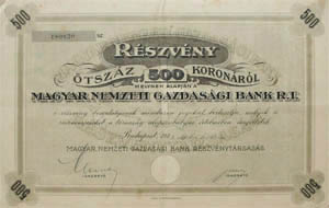 Magyar Nemzeti Gazdasági Bank Részvénytársaság részvény 500 korona 1923