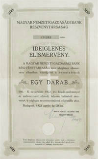 Magyar Nemzeti Gazdasági Bank Részvénytársaság részvényelismervény 500 korona 1922