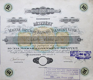 Magyar Országos Központi Takarékpénztár részvény 10x40 pengő 1929