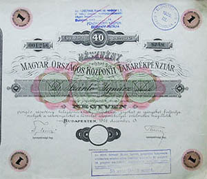 Magyar Országos Központi Takarékpénztár részvény 40 pengő 1926