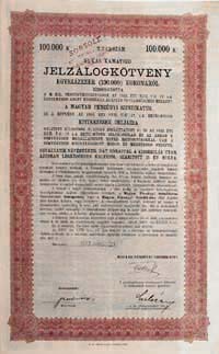 Magyar Pénzügyi Szindikátus jelzálogkötvény 100000 korona 1923