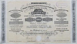 Magyar Takarékpénztárak Központi Jelzálogbankja részvény 10000 korona 1924