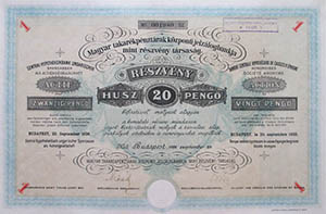 Magyar Takarékpénztárak Központi Jelzálogbankja részvény 20 pengő 1926