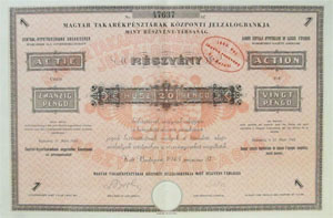 Magyar Takarékpénztárak Központi Jelzálogbankja részvény 20 pengő 1943