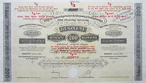 Magyar Takarékpénztárak Központi Jelzálogbankja részvény 200 korona 1923