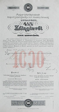 Magyar Takarékpénztárak Központi Jelzálogbankja záloglevél 1000 korona 1907