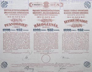 Magyar Takarékpénztárak Központi Jelzálogbankja záloglevél 1000 frank 1911