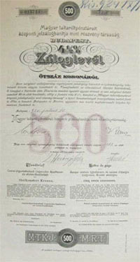 Magyar Takarékpénztárak Központi Jelzálogbankja záloglevél 500 korona 1920