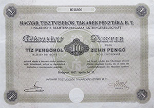 Magyar Tisztviselők Takarékpénztára Részvénytársaság részvény 10 pengő 1927