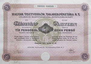 Magyar Tisztviselők Takarékpénztára Részvénytársaság részvény 50 pengő 1927