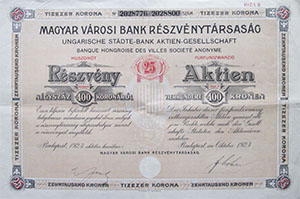 Magyar Városi Bank Részvénytársaság  25 x 400 korona 1923 október