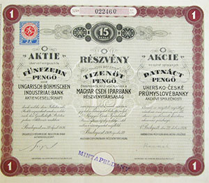 Magyar-Cseh Iparbank Részvénytársaság részvény 15 pengő 1926