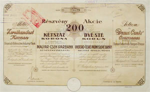 Magyar-Cseh Iparbank Részvénytársaság részvény 200 korona 1916