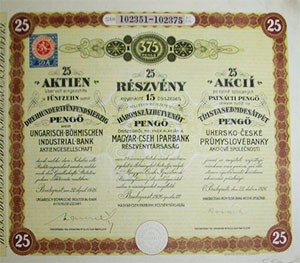 Magyar-Cseh Iparbank Részvénytársaság részvény 25x15 375 pengő 1926