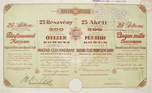 Magyar-Cseh Iparbank Részvénytársaság részvény 25x200 korona 1921