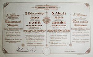Magyar-Cseh Iparbank Részvénytársaság részvény 5x20 1000 korona 1924