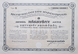 Magyar-Hollandi Bank Részvénytársaság részvény 5x15 pengő 1926