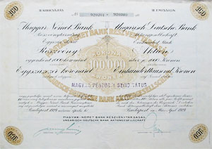 Magyar-Német Bank Részvénytársaság részvény 100x1000 korona 1924
