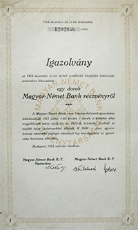Magyar-Német Bank Részvénytársaság részvény igazolvány 1000 korona 1925