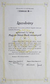 Magyar-Német Bank Részvénytársaság 1/3 részvény igazolvány 1925