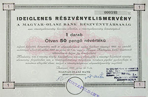Magyar-Olasz Bank Részvénytársaság ideiglenes részvényelismervény 50 pengő 1946