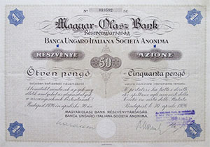 Magyar-Olasz Bank Részvénytársaság részvény 50 pengő 1926