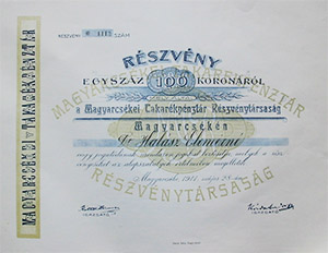 Magyarcsékei Takarékpénztár Részvénytársaság részvény 100 korona 1911