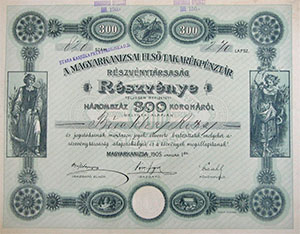 Magyarkanizsai Első Takarékpénztár Részvénytársaság részvény 300 korona 1905
