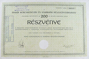 Makói Kereskedelmi és Iparbank Részvénytársaság részvény 200 korona 1920