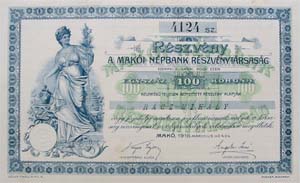 Makói Népbank Részvénytársaság részvény 100 korona 1916